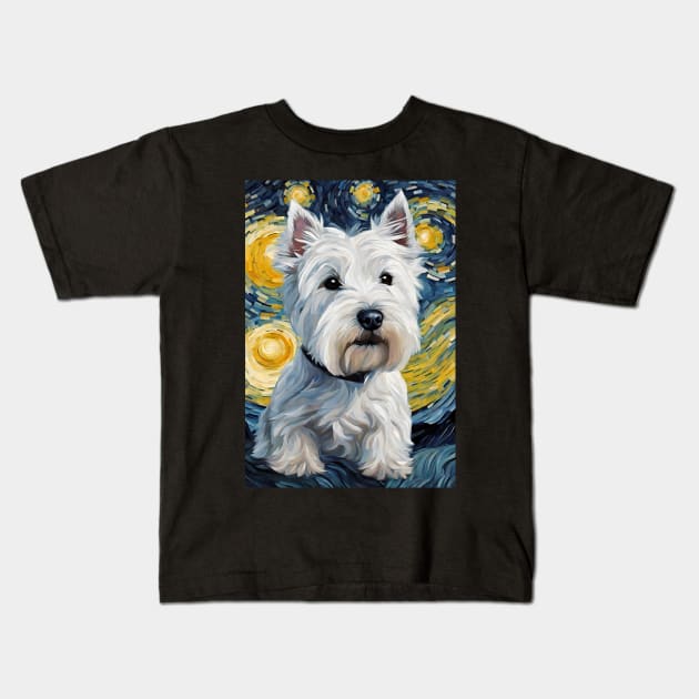 Cute West Highland White Terrier Dog Breed Painting in a Van Gogh Starry Night Art Style Kids T-Shirt by Art-Jiyuu